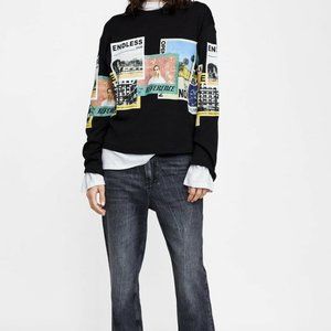 Zara Woman Medium Endless Youth Black Graphic Sweatshirt Pullover 100% Cotton